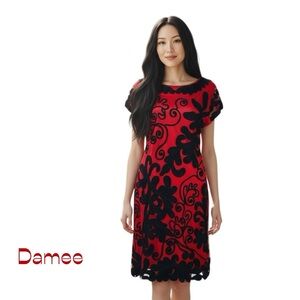Damee Sheer Red Black Embroidered Dress Size 12